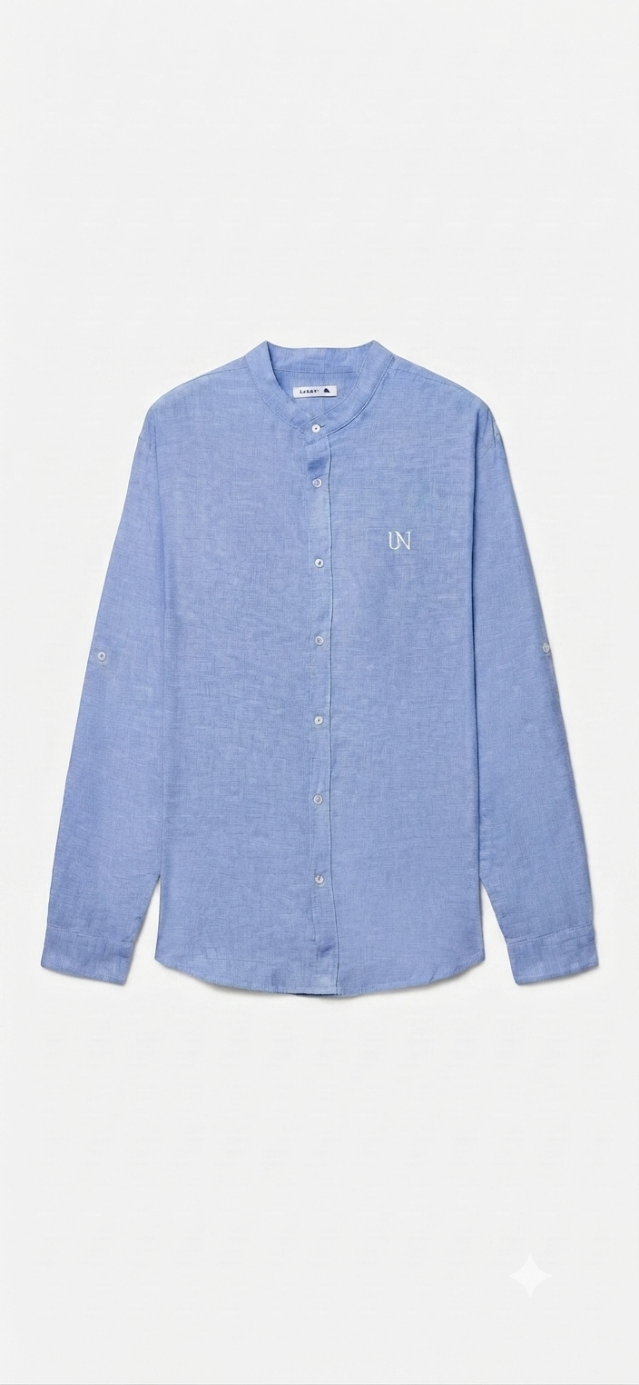 Camicia Regular Fit in Lino e Cotone Celeste con Collo alla Coreana