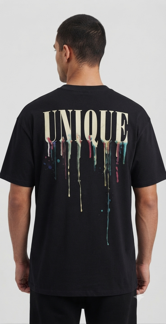 T-Shirt Oversize "UNIQUE" - Black Edition con Gocce d'Arte Multicolore