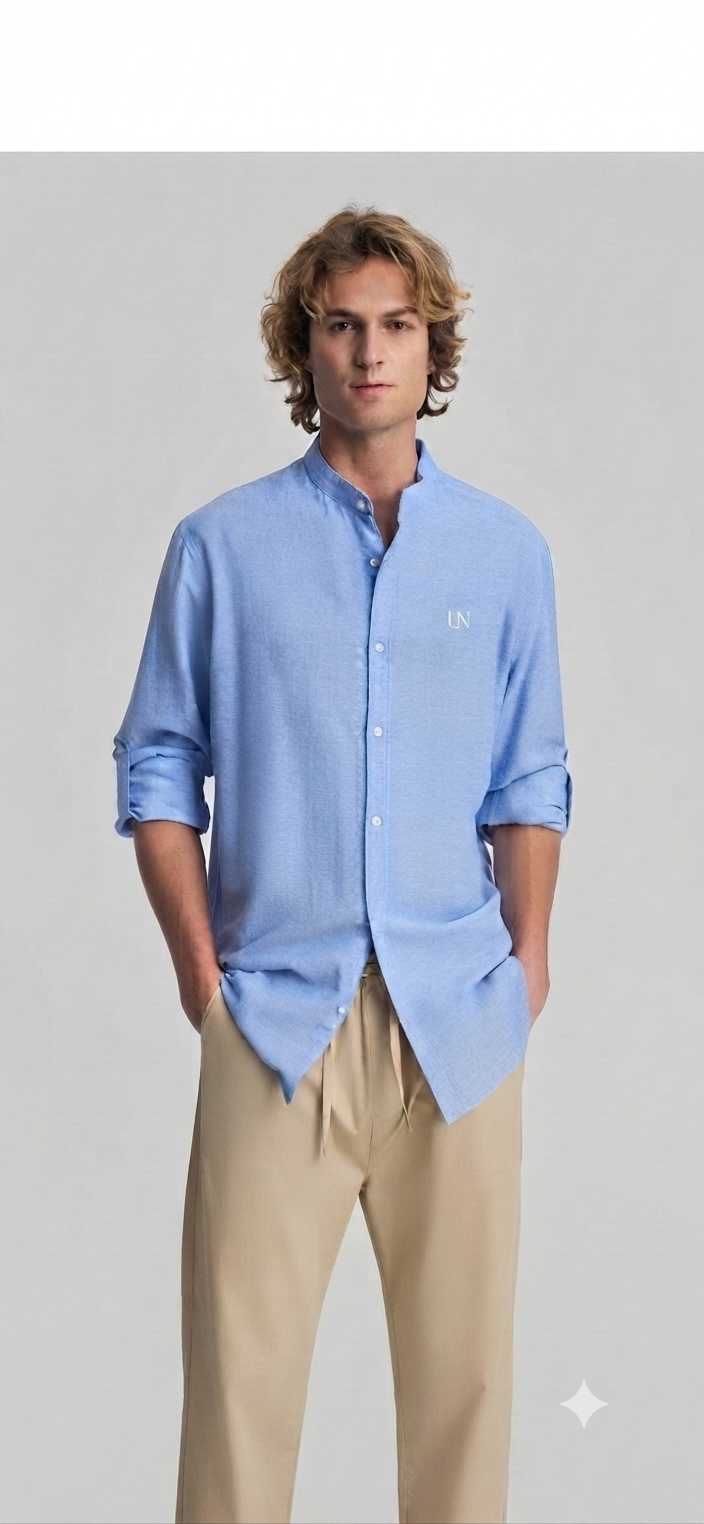 Camicia Regular Fit in Lino e Cotone Celeste con Collo alla Coreana