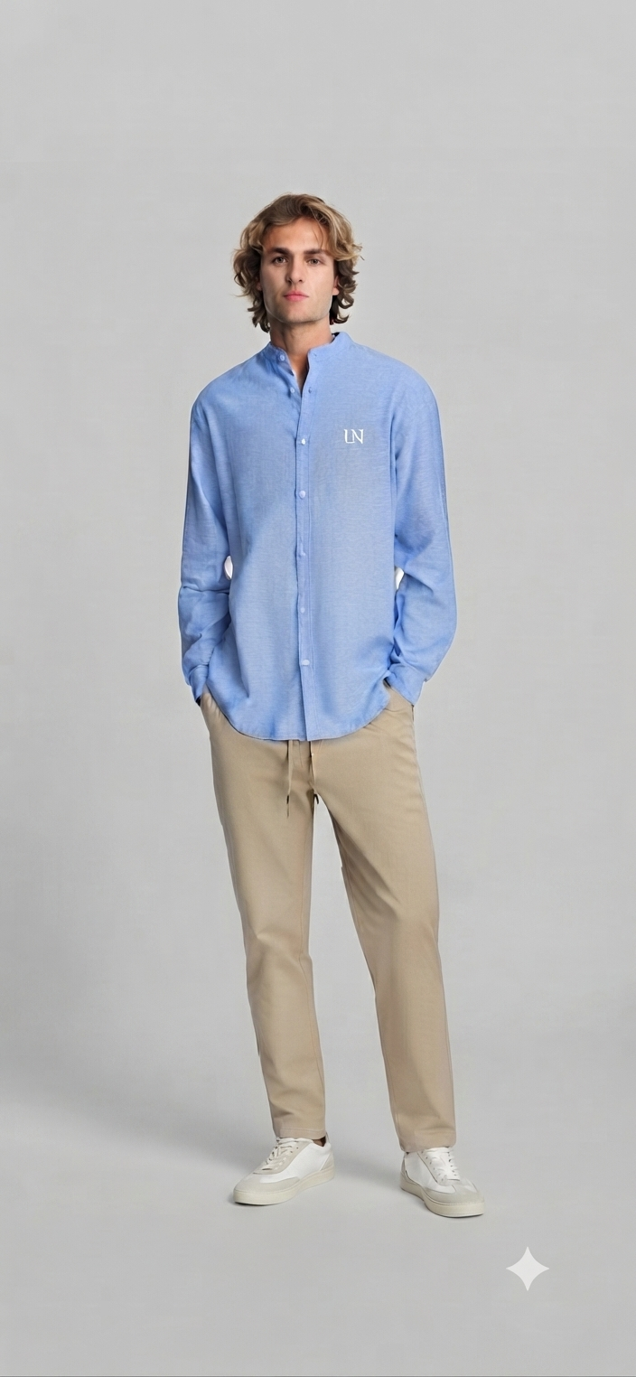 Camicia Regular Fit in Lino e Cotone Celeste con Collo alla Coreana